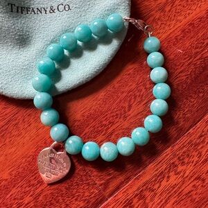 Tiffany & Co. Aqua Bead Bracelet with Silver Heart Charm